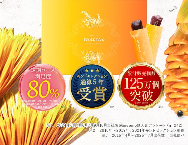 ※1 2024年3月4月6月7月9月10月自社実施meemo購入者アンケート(n=242)※2 2016年~2019年、2021年モンドセレクション受賞 ※3 2016年4月~2026年7月出荷数 自社調べ